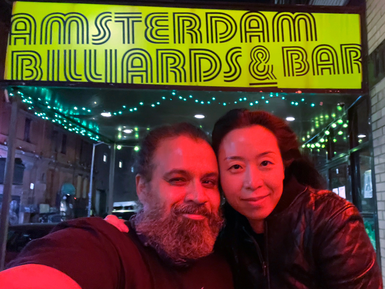 The Two of us taking a candid picture in front of Amsterdam Billiards & Bar located in NYC